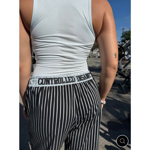 Controlled Insanity Oreo Pinstripe Pants Pull on Drawstring Black Gym Lifting S - Picture 15 of 15